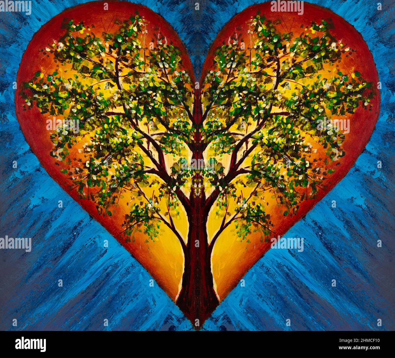 Kunst Malerei Herz mit blühenden Baum des Lebens im Inneren auf blauem Hintergrund Illustration für Märchen moderne Kunst Stockfoto
