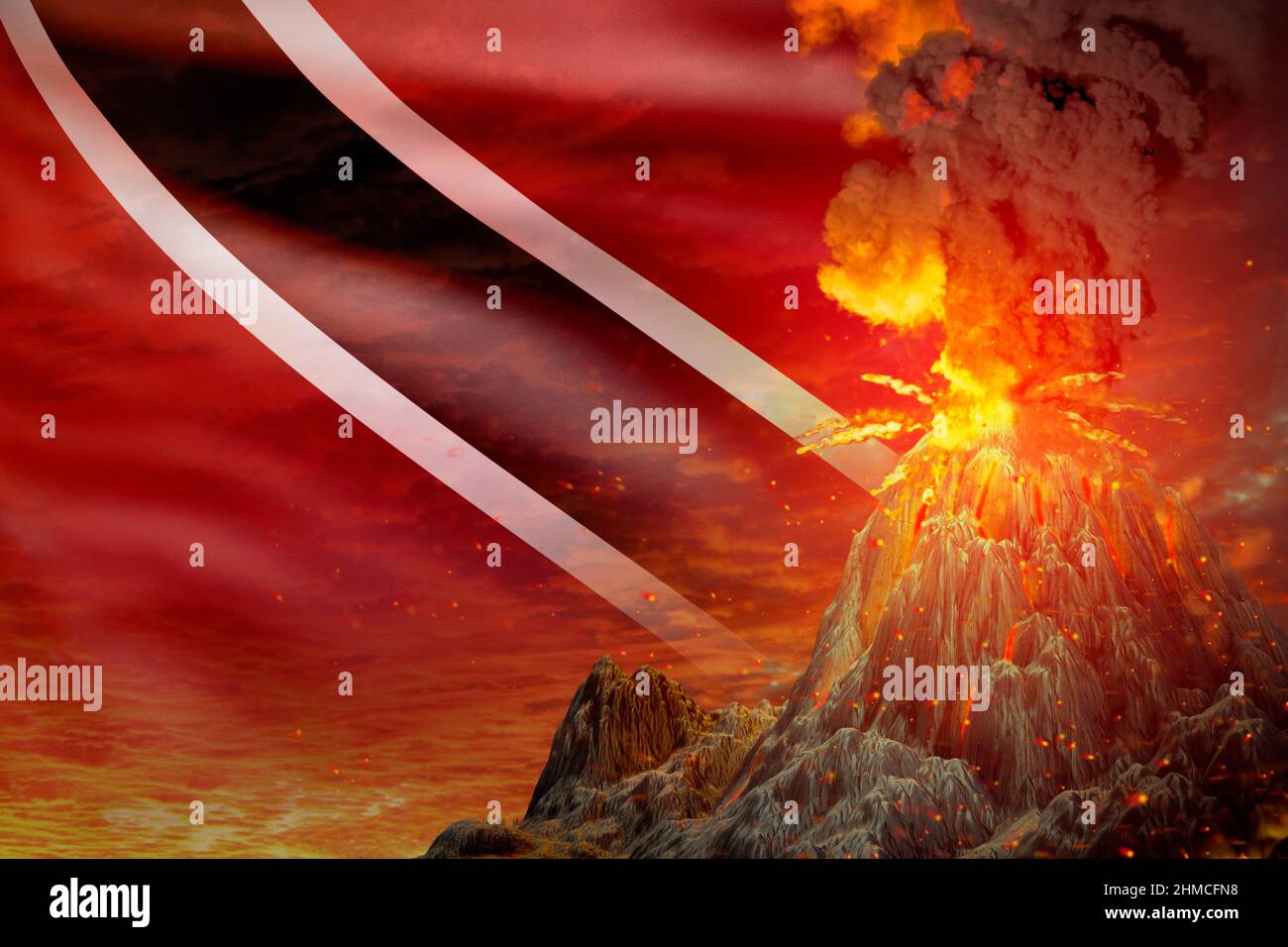 Großer Vulkanausbruch in der Nacht mit Explosion auf Hintergrund der Trinidad- und Tobago-Flagge, Unruhe aufgrund von Katastrophen und vulkanischem Erdbeben Stockfoto