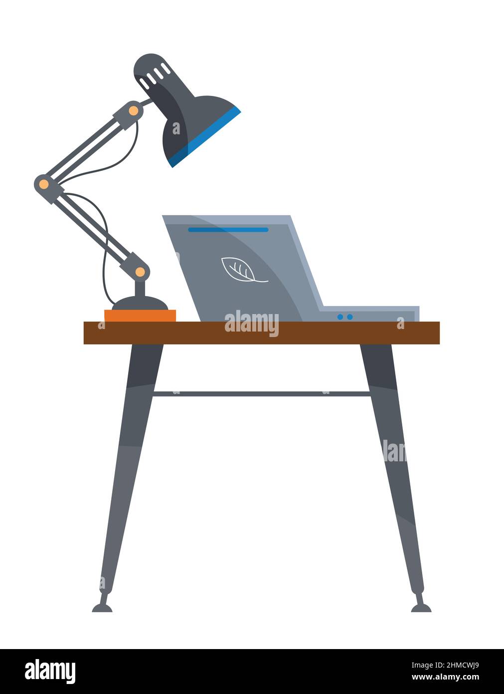 Tisch mit Laptop und Lampe. Arbeitsplatz im flachen Stil. Stock Vektor