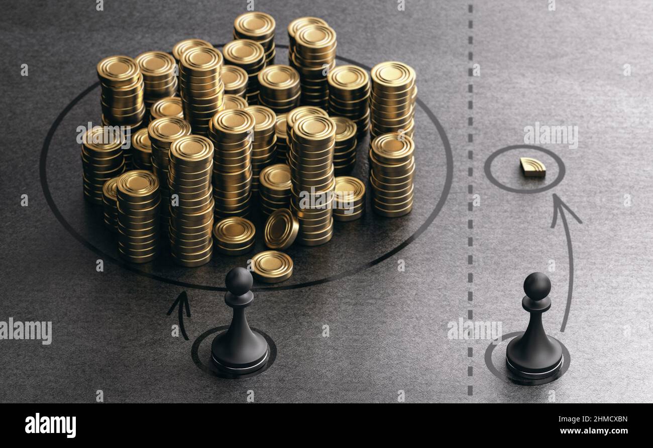 Zwei Bauern und symbolische goldene Münzen auf schwarzem Hintergrund. Konzept der wirtschaftlichen oder Einkommensungleichheit und der wirtschaftlichen Kluft zwischen Arm und Reich. 3D illustre Stockfoto