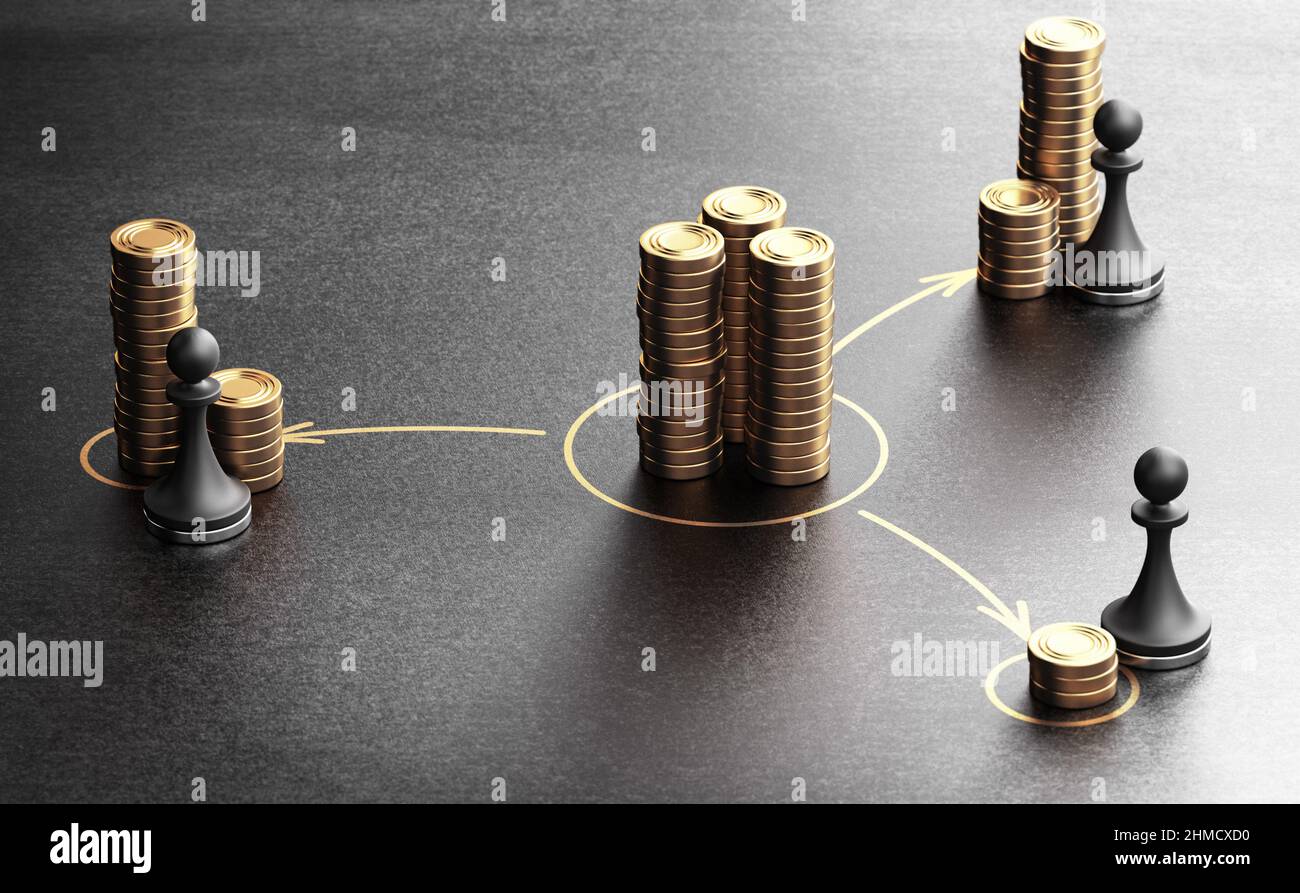 Konzept der ungleichen Einkommensverteilung. 3D Illustration von generischen goldenen Münzen und Bauern auf schwarzem Hintergrund. Stockfoto