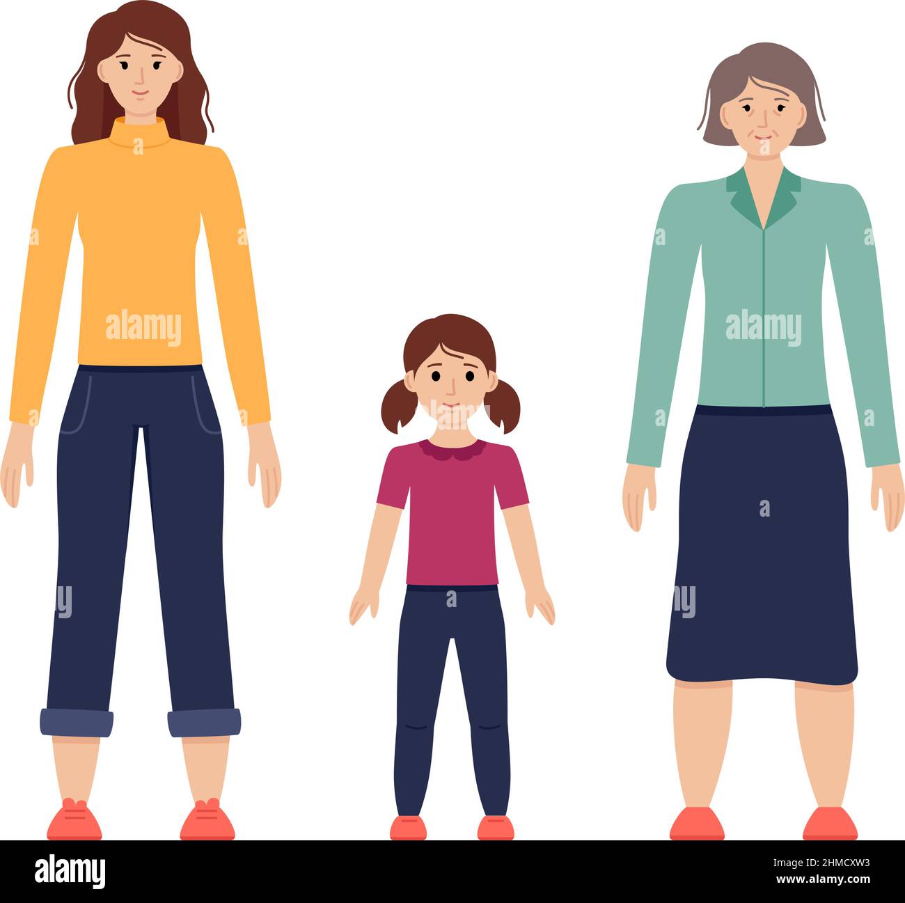Illustration von Frauen im Alter von drei Jahren vom Kind bis zum Senioren, Vektordarstellung Stock Vektor