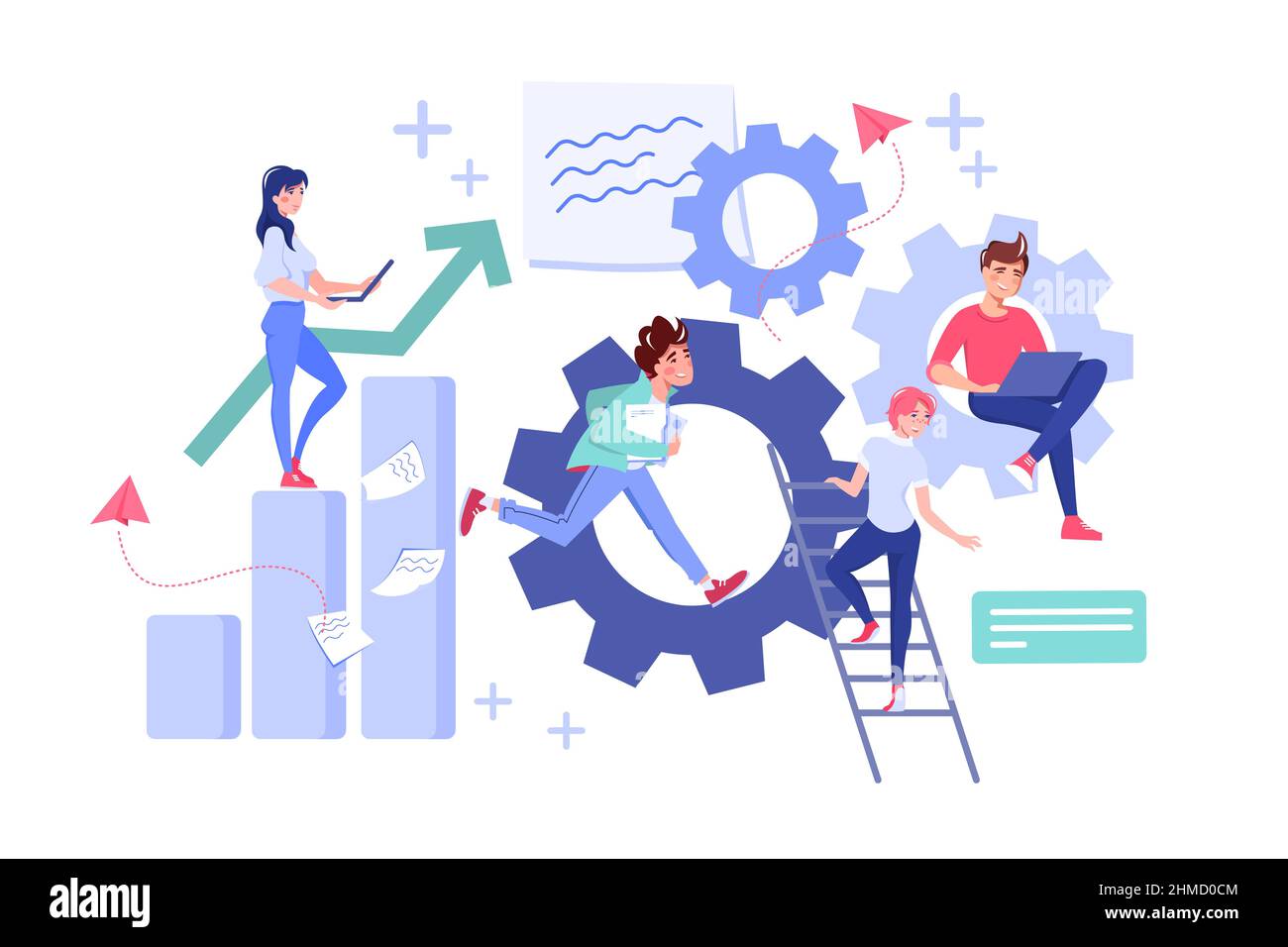 Teamarbeit mit Grafik, Papier und Laptop Stock Vektor