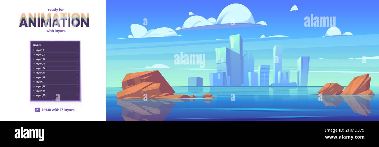 Seenlandschaft mit Stadtgebäuden an der Skyline. Vektor Parallax Hintergrund bereit für 2D Animation mit Cartoon-Illustration von Meer oder Fluss mit Steinen im Wasser und Stadt Wolkenkratzer am Horizont Stock Vektor