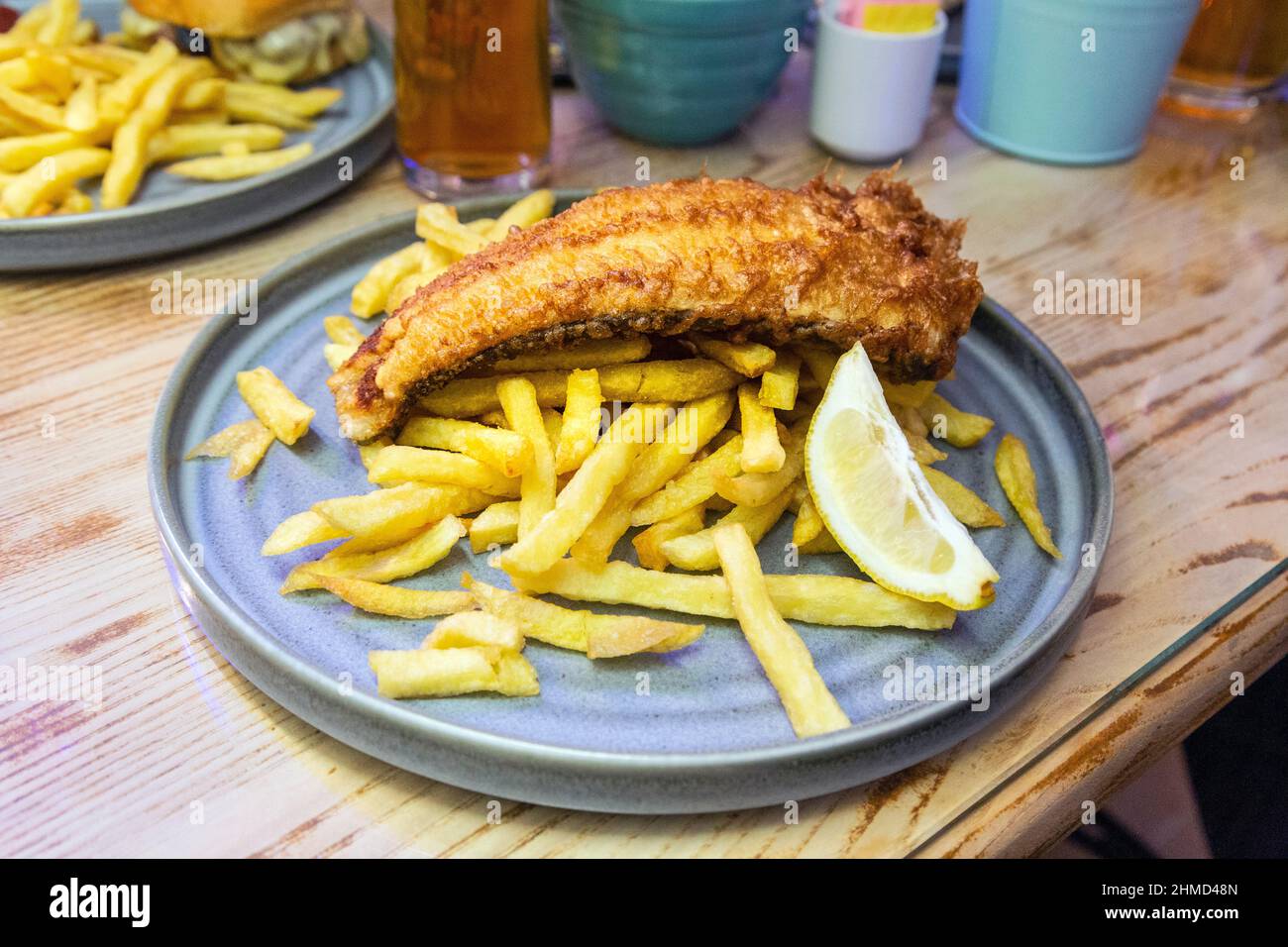 Fish and Chips im Belgian Cafe Stockfoto