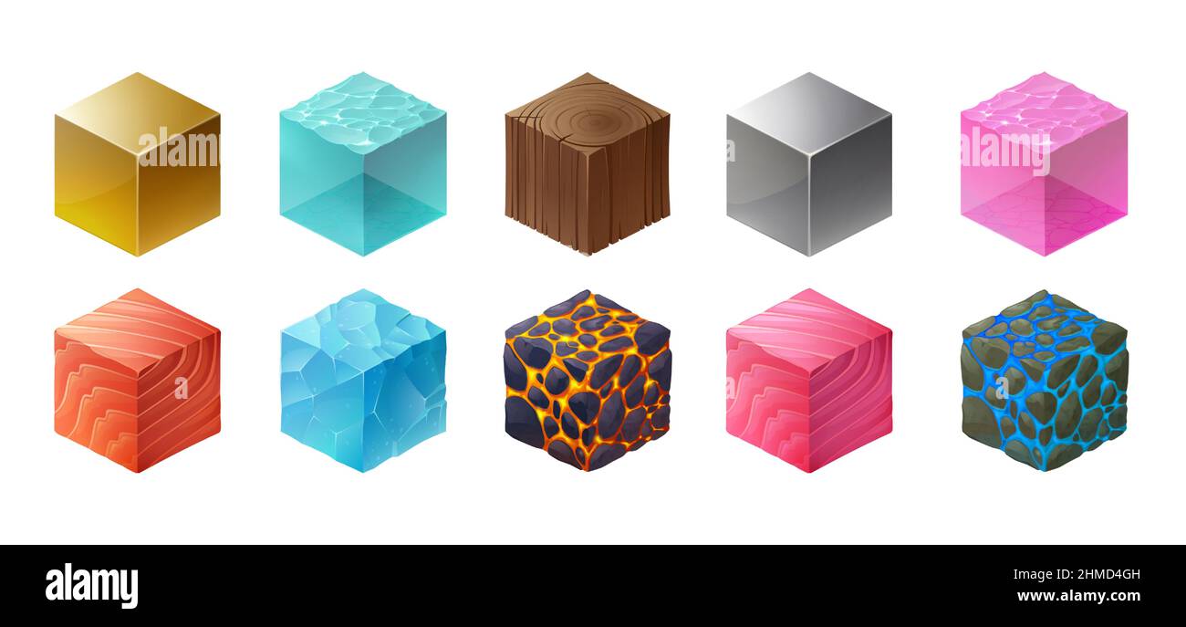 Isometrische Textur Würfel für Wild mit Muster aus Holz, Gold und Silber Metall, Lachsfilet. Vector Cartoon Set von 3D Blöcken aus verschiedenen Materialien, Eis, blauem und rosa Wasser, Lava und Steinen Stock Vektor