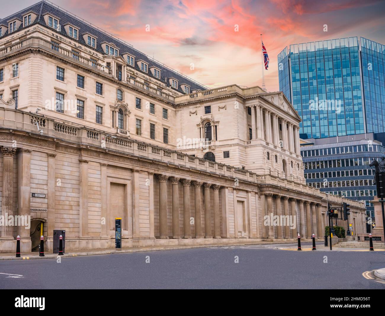 Bank of England, London. Threadneedle Street. Sonnenuntergang. Stockfoto