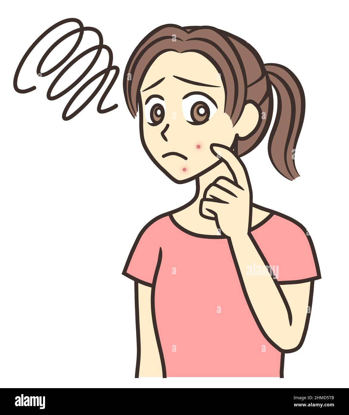 Ein Mädchen im Teenageralter, das Akne auf ihrer Wange und ihrem Kinn mit einem traurigen Gefühl betrachtet Stockfoto