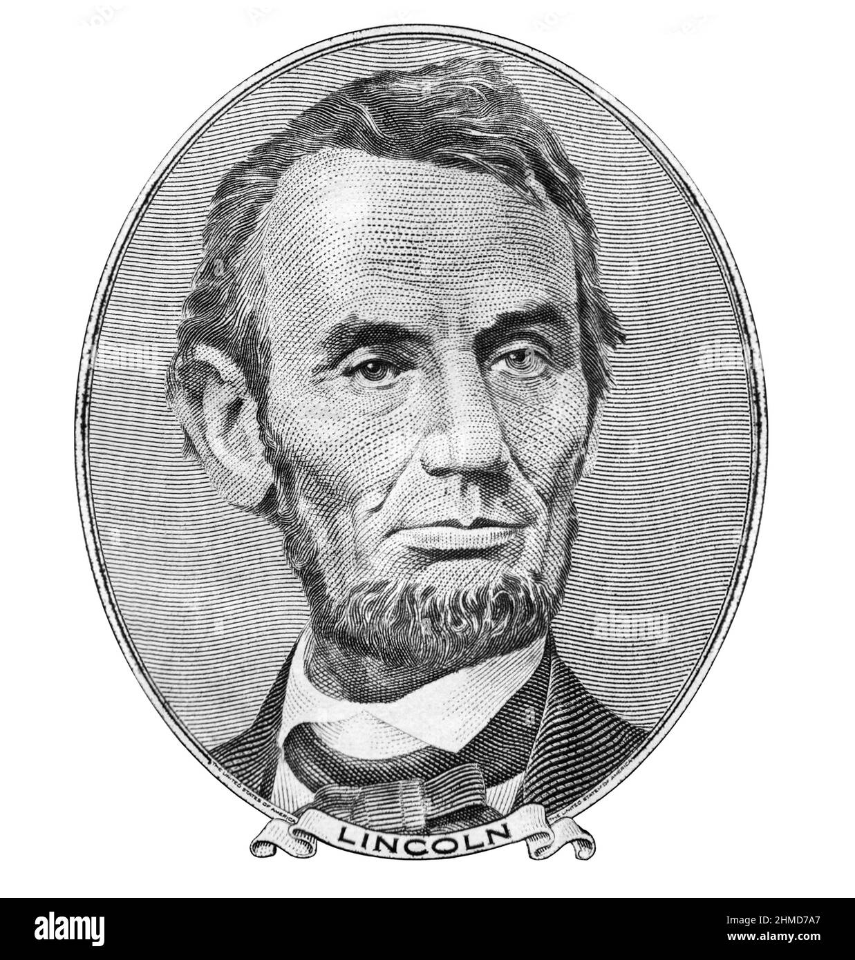Porträt des ehemaligen US-Präsidenten Abraham Lincoln, als er isoliert auf der Vorderseite des fünf-Dollar-Gesetzes sieht Stockfoto