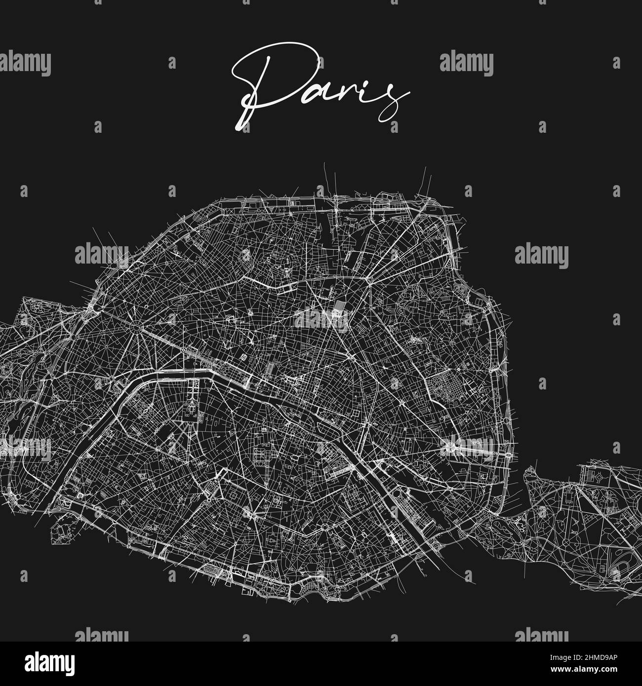 Schwarz-Weiß-Stadtplan von Paris. Karte von Paris Frankreich. Schwarz-weißes Poster mit pariser Stadtplan. Abbildung der Karte von Paris. Stock Vektor