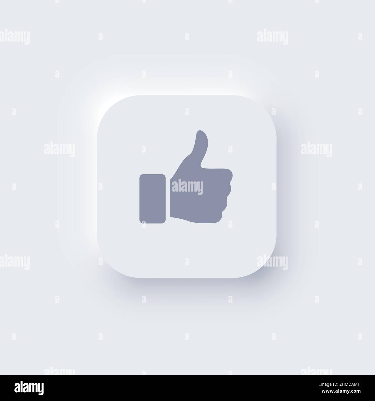 Vektorgrafik für Symbol-Symbole für Neomorphismus-Schaltflächen. 3D neomorphe Web-Interface-Element von quadratischer Form mit abgerundeten Ecken, Daumen nach oben und Schatten, Benutzer Stock Vektor