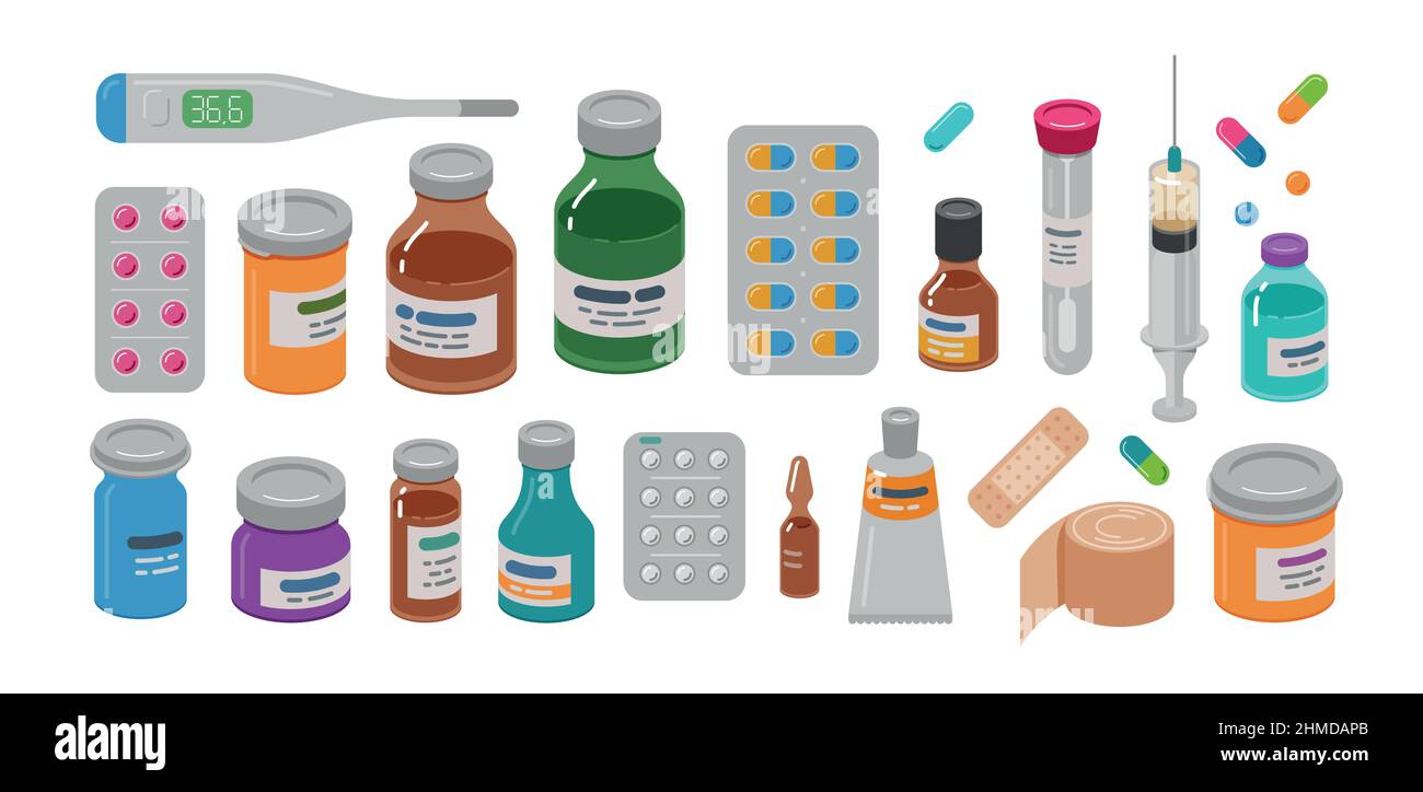 Set von medizinischen Flaschen und Pillen. Krankenhausmedizin, Pharmazie Konzept Vektor Illustration Stock Vektor