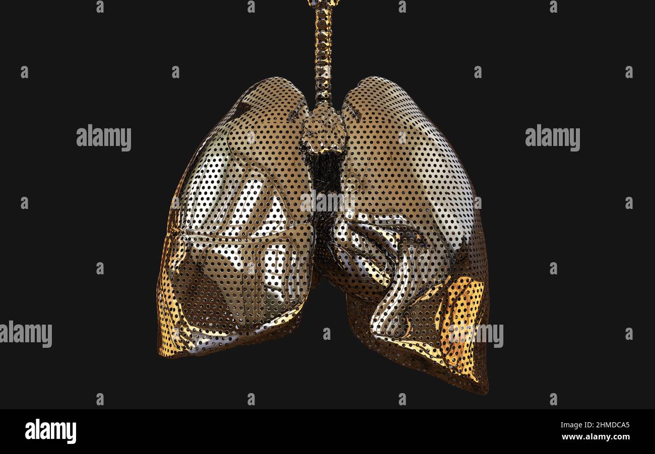3D Illustration das Lungen-Gold-Eisen- und Atemsystem des Menschen. NCoV in den Welten Illustrationskonzept. Stockfoto