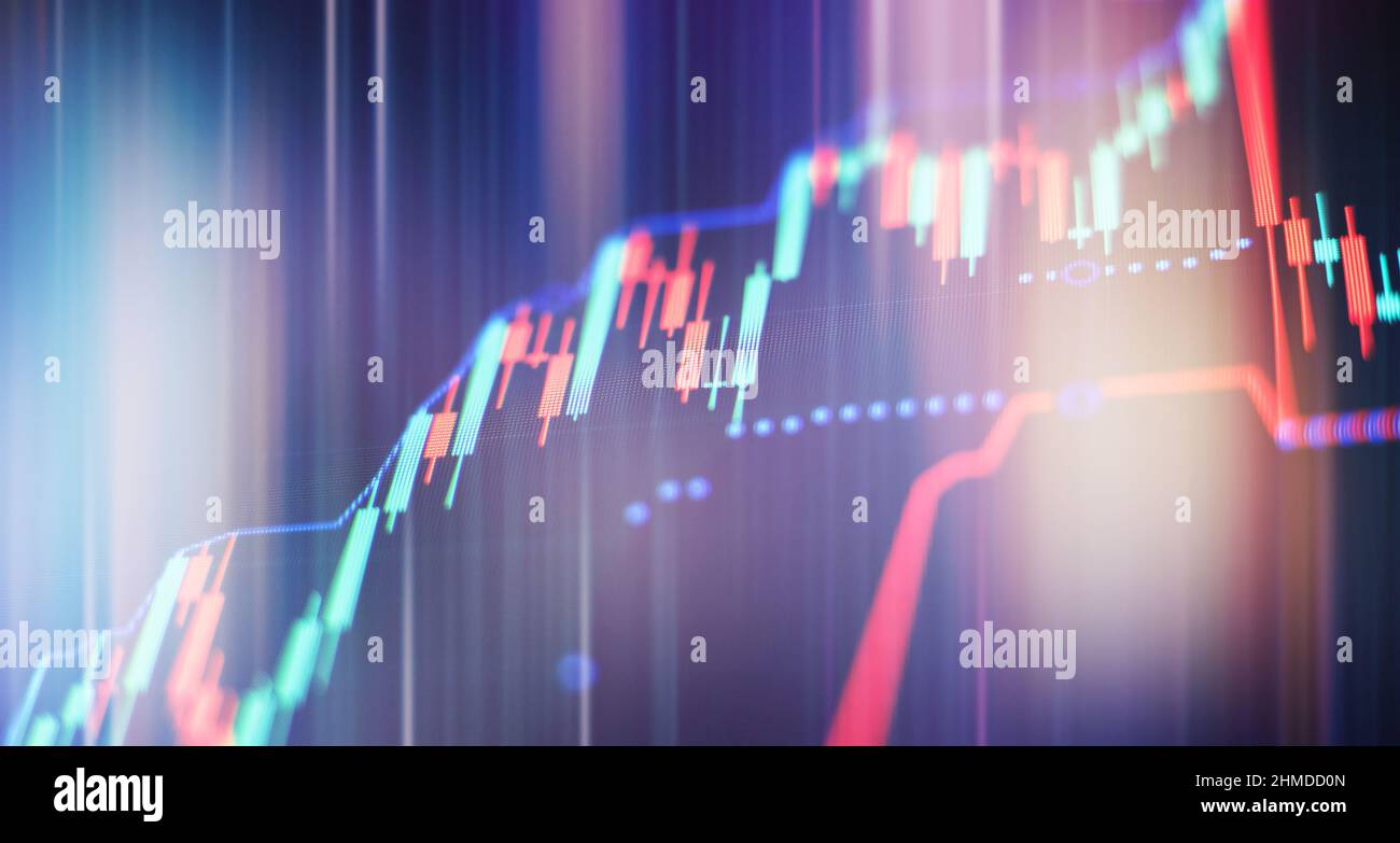 Die Charts von Finanzinstrumenten mit verschiedenen Arten von Indikatoren wie Volume Analysis für professionelle technische Analyse auf dem Monitor einer Komp Stockfoto