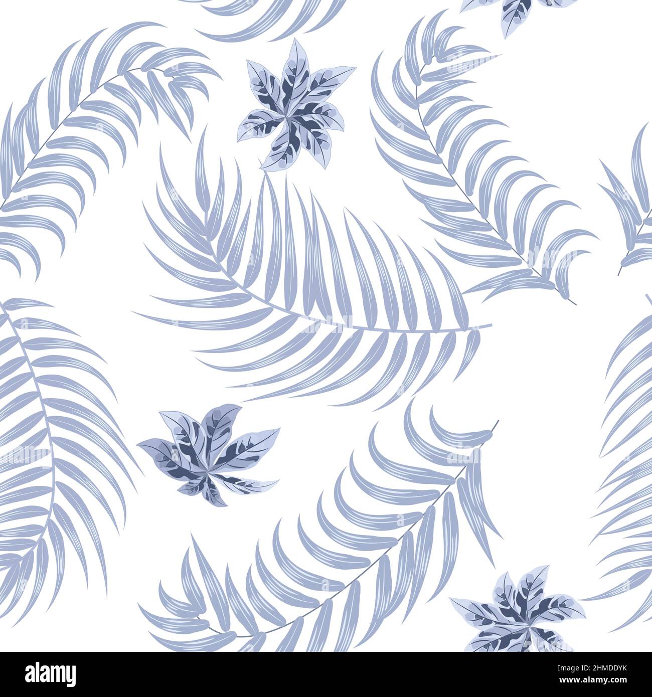 Nahtloses Muster mit silbernen tropischen Palmenblättern und Blumen auf weißem Hintergrund. Florale dekorative Illustration Vektor, für Druck-Design Stock Vektor