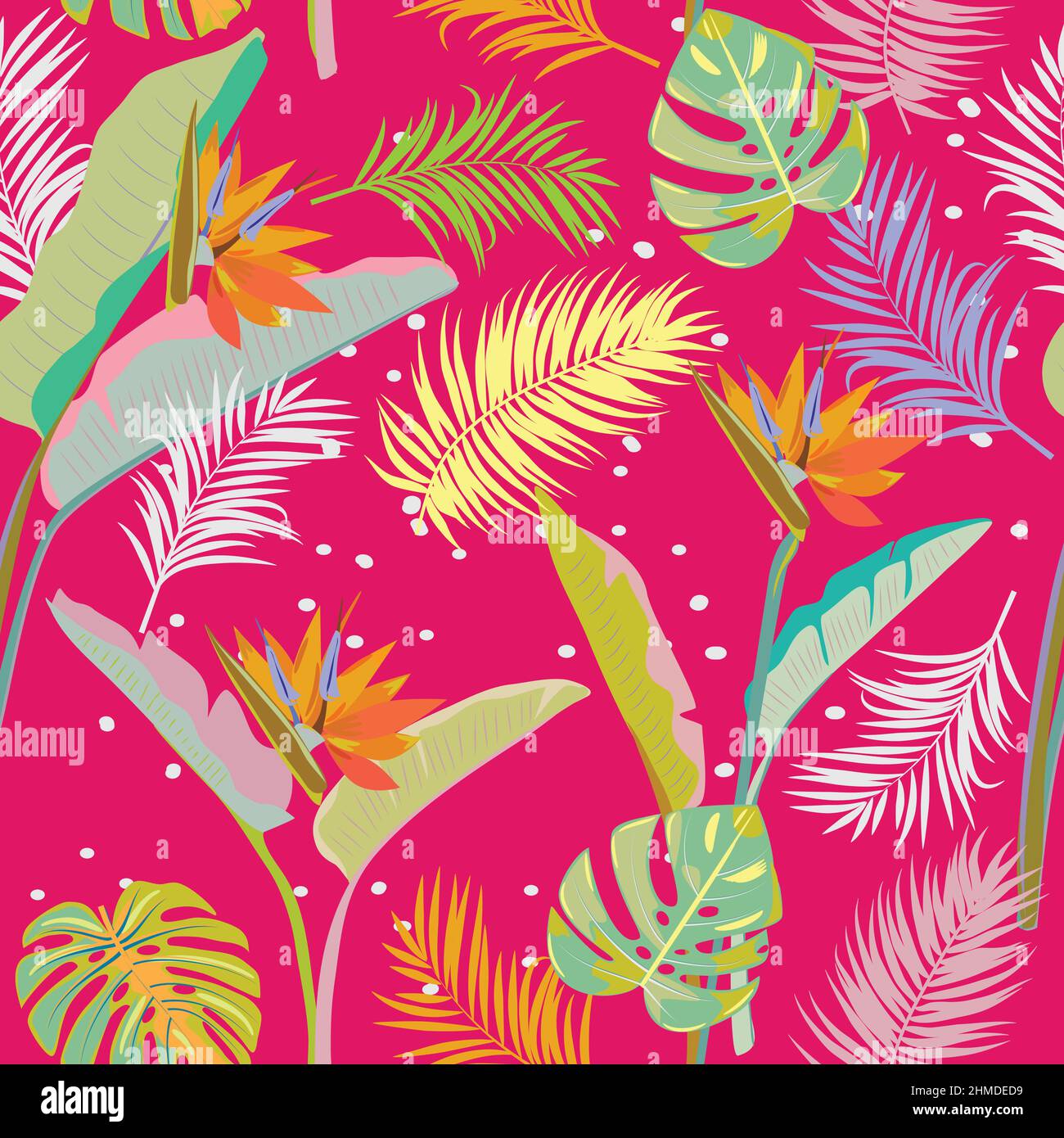 Vektor tropisches nahtloses Muster mit Blättern von strelitzia, Palmen und Blumen. Botany hellen Hintergrund, Dschungel Tapete. Stock Vektor