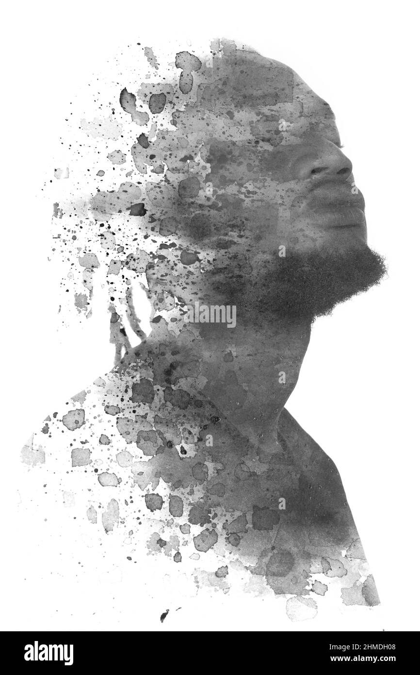 Ein Porträt eines Mannes kombiniert mit einem Tuschemalerei. Paintographie. Stockfoto
