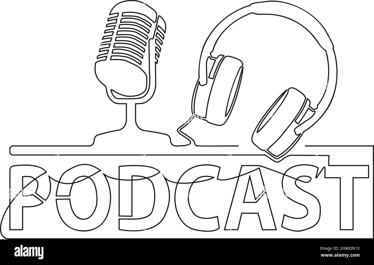 Endloslinie PODCAST Logo oder Symbol isoliert auf weißen, einzeiligen Podcasting Zeichnung Vektor-Illustration Stock Vektor