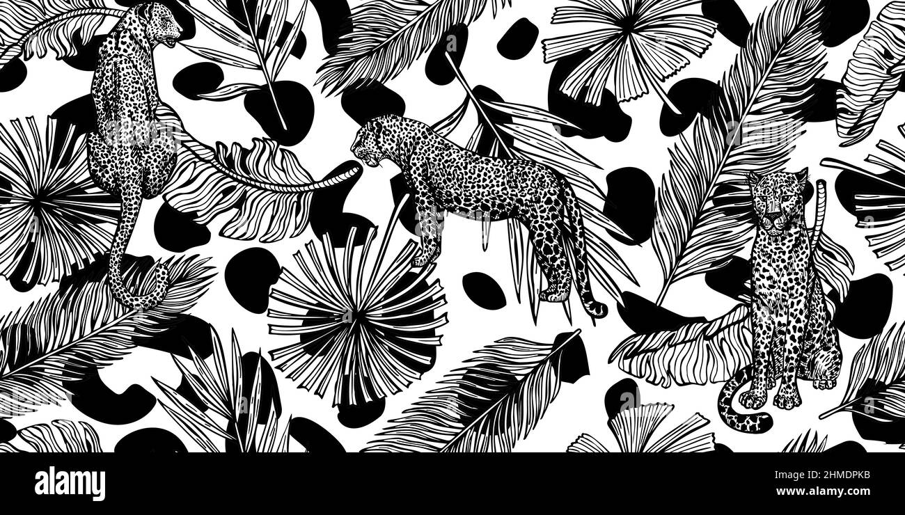 Savannah Wildtiere nahtloses Muster. Vintage Leopard und Blätter von  Palmen, Banane in Gravur-Stil. Handgezeichnete Textur für Stoff, Tapete,  Textil Stock-Vektorgrafik - Alamy