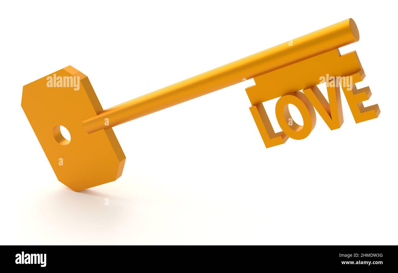 Emotionskonzepte. Goldschlüssel mit Wort LIEBE. 3D Rendern Stockfoto
