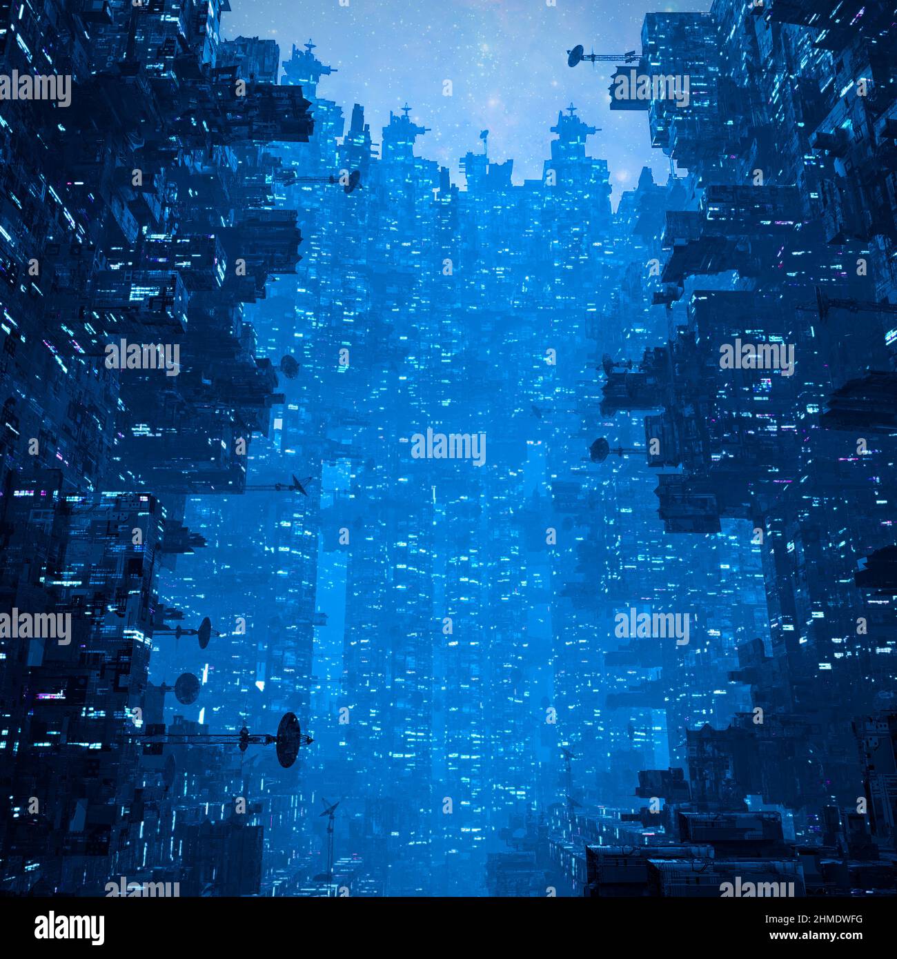 Cyberpunk City at Night - 3D Illustration des dunklen, hoch aufragenden futuristischen Stadtbildes der Science Fiction Stockfoto