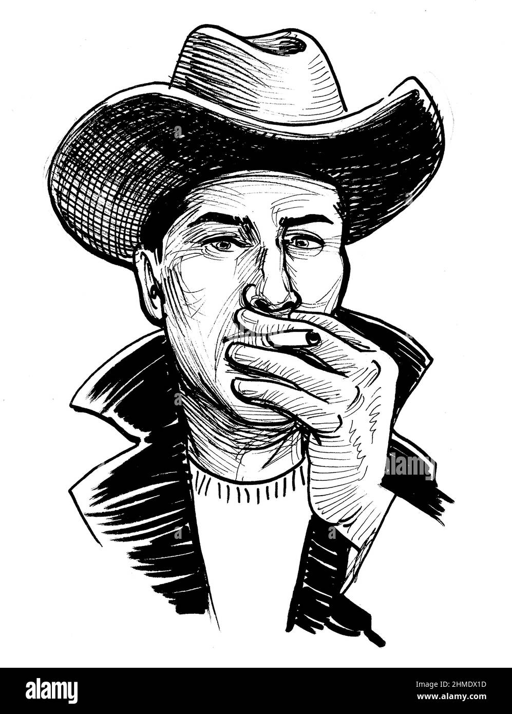 Cowboy raucht Zigarette. Tinte schwarz-weiß Zeichnung Stockfoto