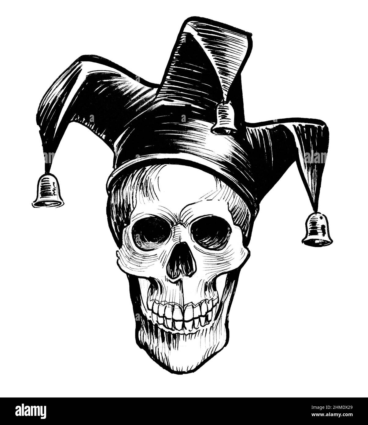 Narrenschädel. Tinte schwarz-weiß Zeichnung Stockfoto