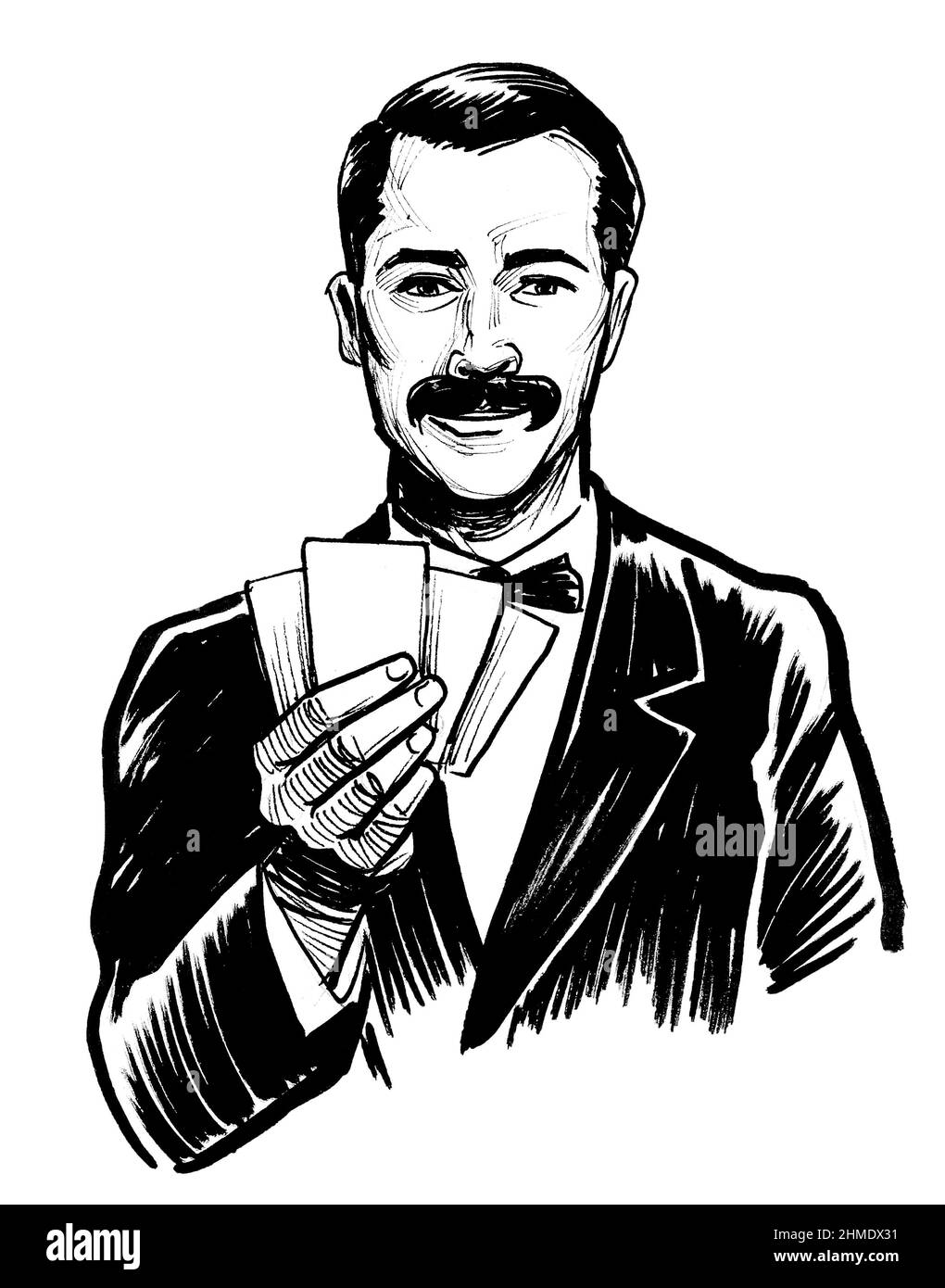 Herr mit Spielkarten. Tinte schwarz-weiß Zeichnung Stockfoto
