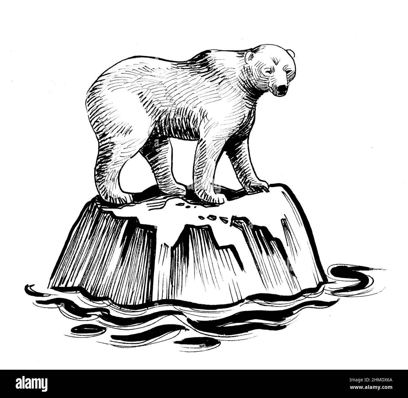 Eisbär auf einem Eisberg. Tinte schwarz-weiß Zeichnung Stockfoto