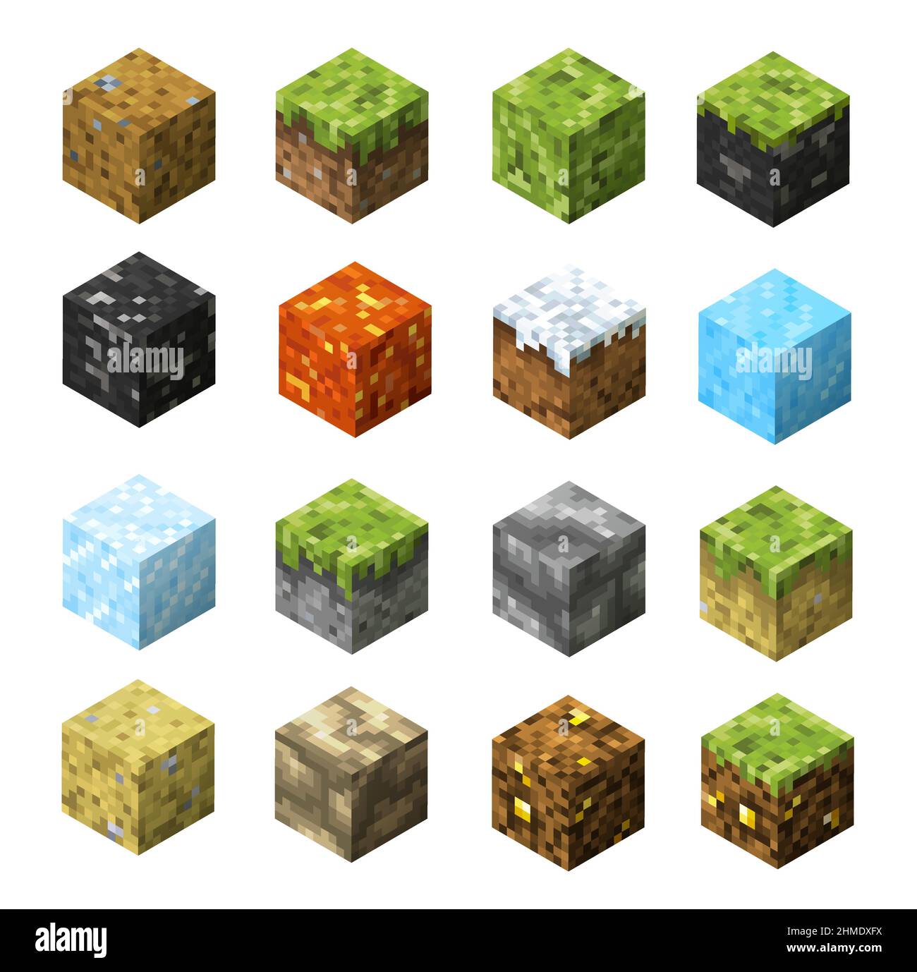 Pixel-Spiel Blöcke von Gras, Stein, Eis und Wasser, Sand, Lava, Kohle- und Golderzmuster. Isometrische Vektor Handwerk Würfel oder Kisten von Minen Ressourcen ein Stock Vektor