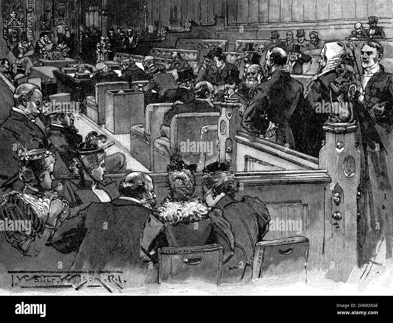 Schwarz-Weiß-Illustration; die Zeremonie der königlichen Zustimmung; House of Lords; 1894 Stockfoto