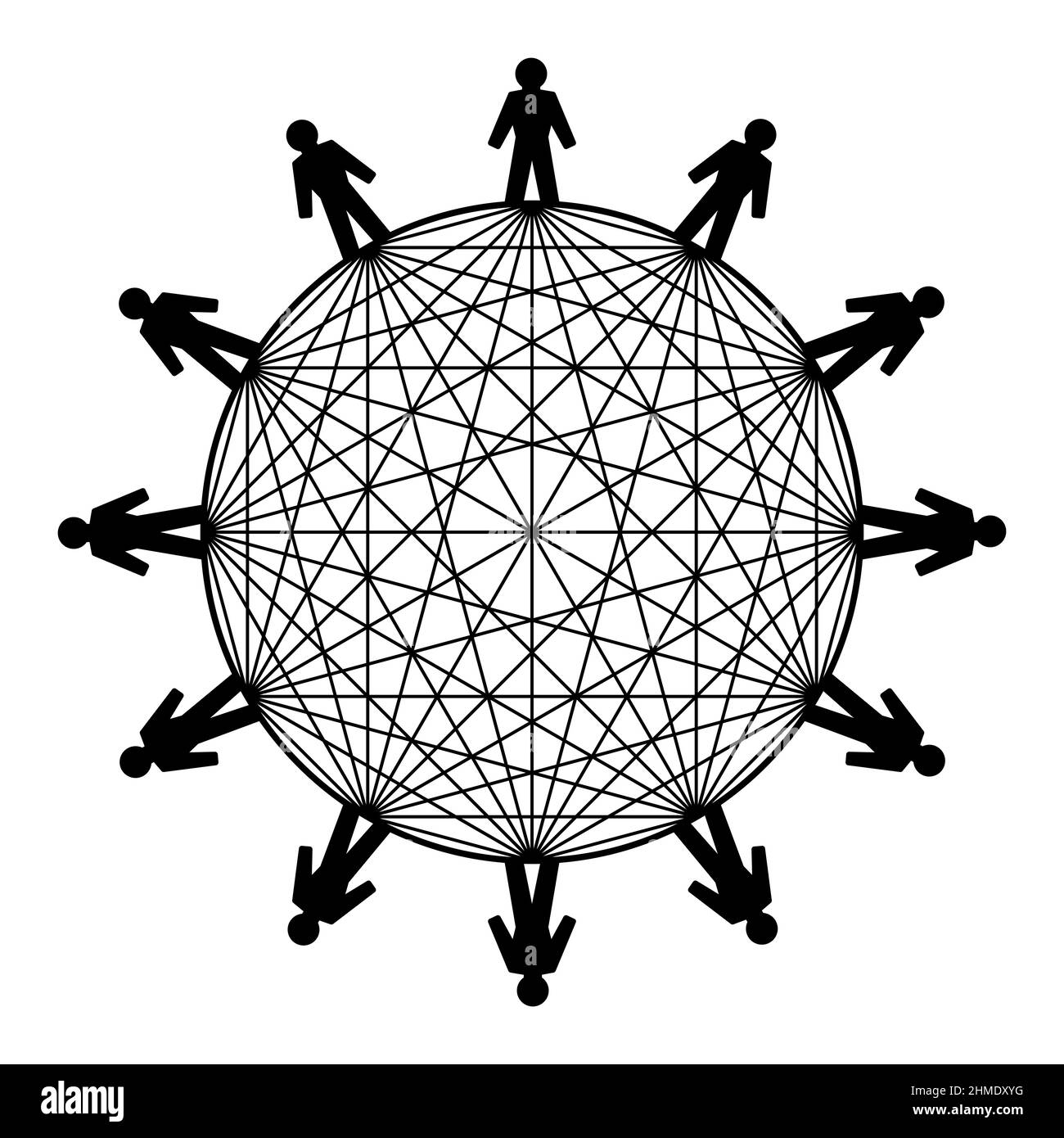 Symbol für die Macht der Vernetzung. Zwölf Menschen stehen im Kreis, verbunden mit Linien. Die Anzahl der eindeutig möglichen Verbindungen beträgt 66. Stockfoto