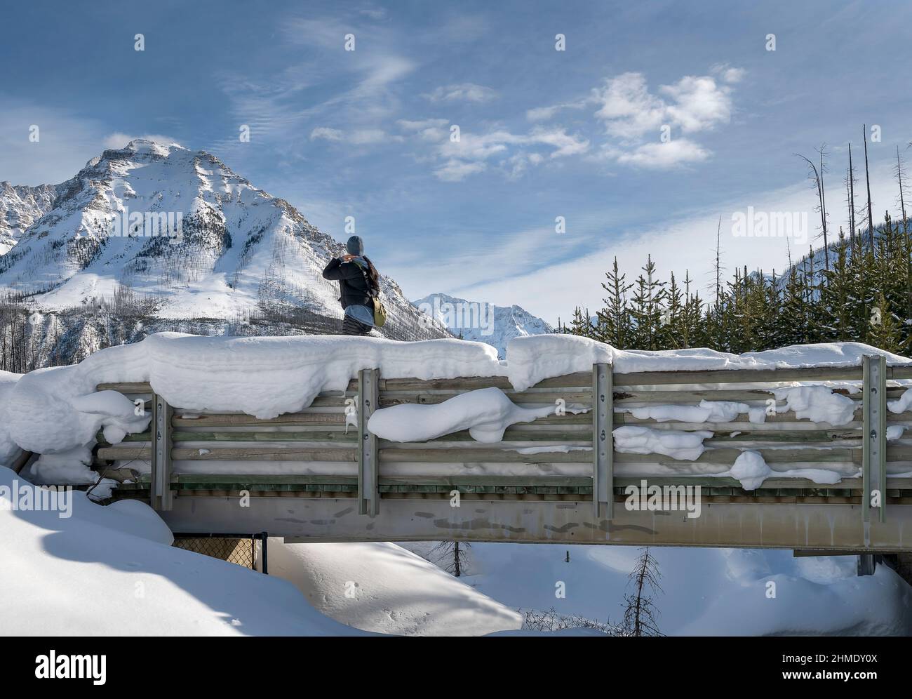 Kootenay National Park, British Columbia, Kanada – 06. Februar 2022: Eine Person steht auf einer Fußgängerbrücke und betrachtet die Landschaft am Marble Canyon Stockfoto