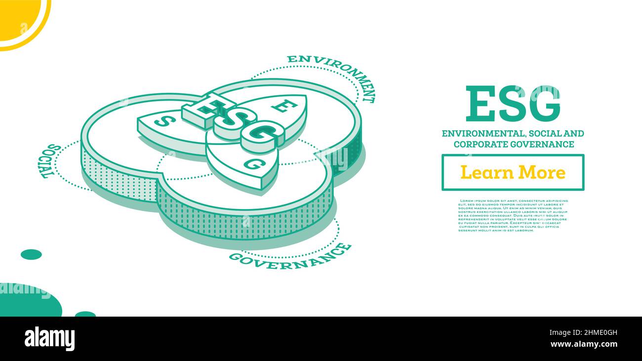 ESP-Konzept für Umwelt, Soziales und Governance. Infografik. Vektorgrafik. Nachhaltige Entwicklung. Isometrisches Konzept. Stock Vektor