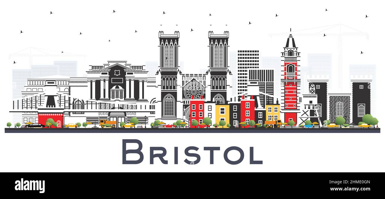Bristol City Skyline mit farbigen Gebäuden isoliert auf Weiß. Vektorgrafik. Bristol England Stadtbild mit Wahrzeichen. Stock Vektor