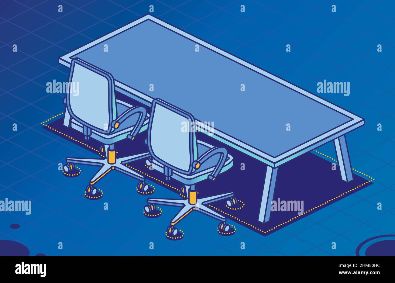 Zwei isometrische Bürostühle auf Rädern und ein moderner Tisch mit vier Beinen. Vektorgrafik. Symbol „Umriss Schreibtischstuhl“. Möbel für den Innenbereich. Stock Vektor