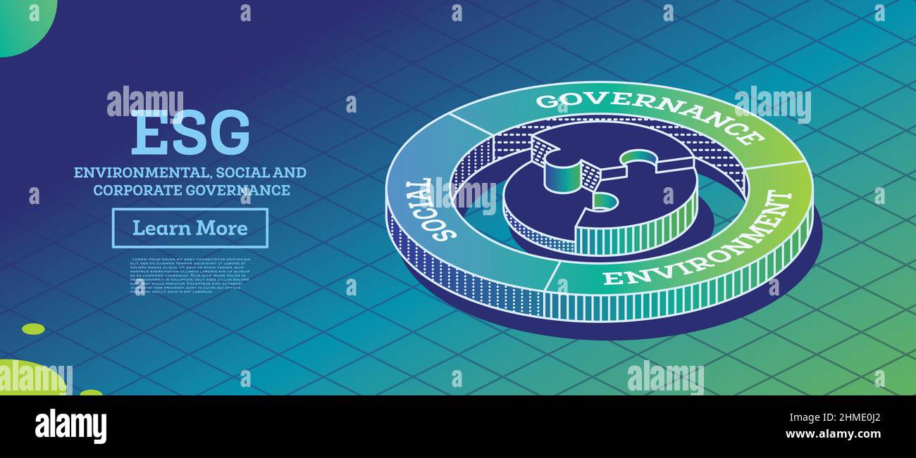 ESP-Konzept für Umwelt, Soziales und Governance. Infografik. Vektorgrafik. Nachhaltige Entwicklung. Isometrisches Konzept. Stock Vektor