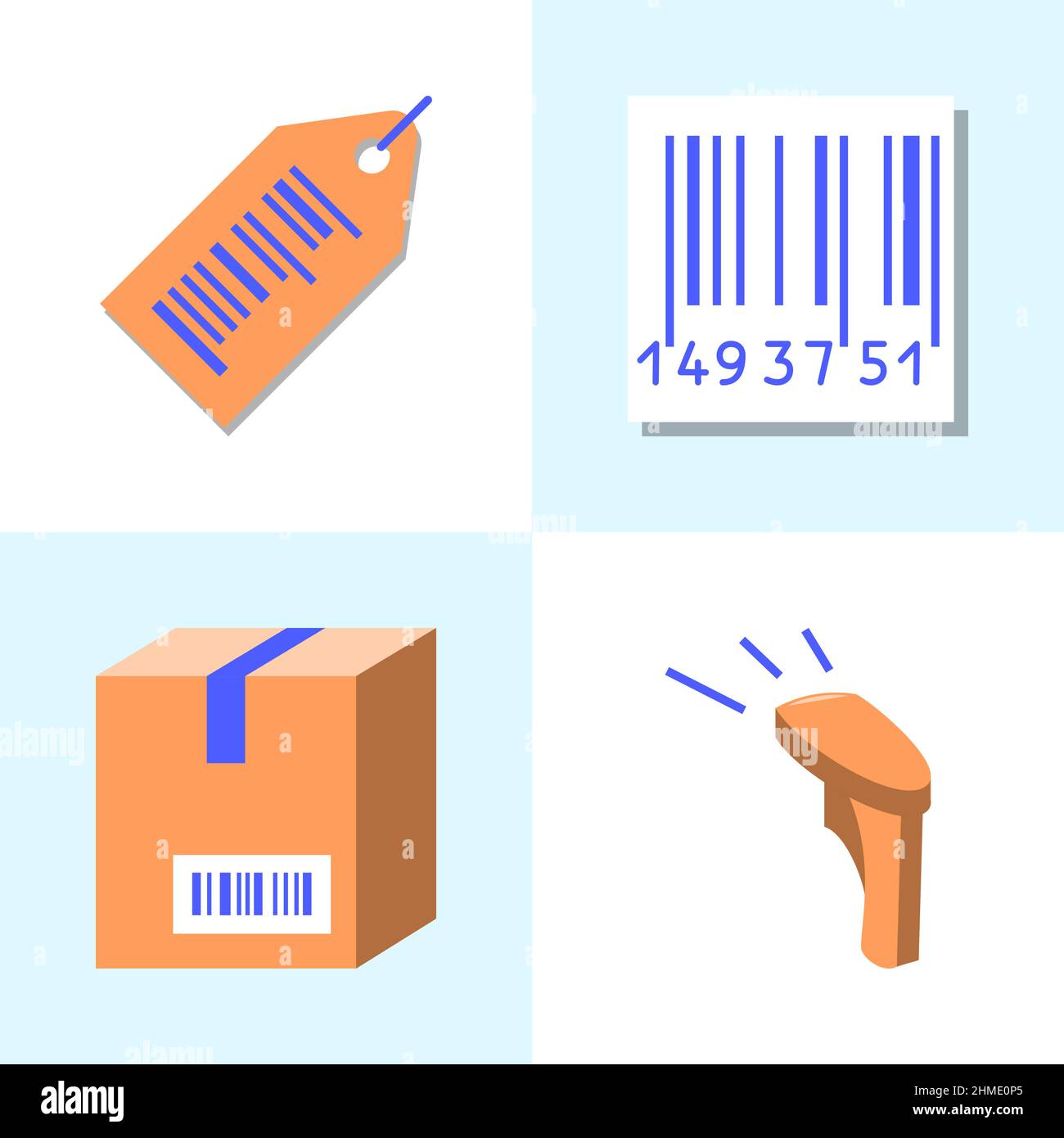Barcode-Tags und Scanner-Symbole in flacher Ausführung. Vektorgrafik. Stock Vektor