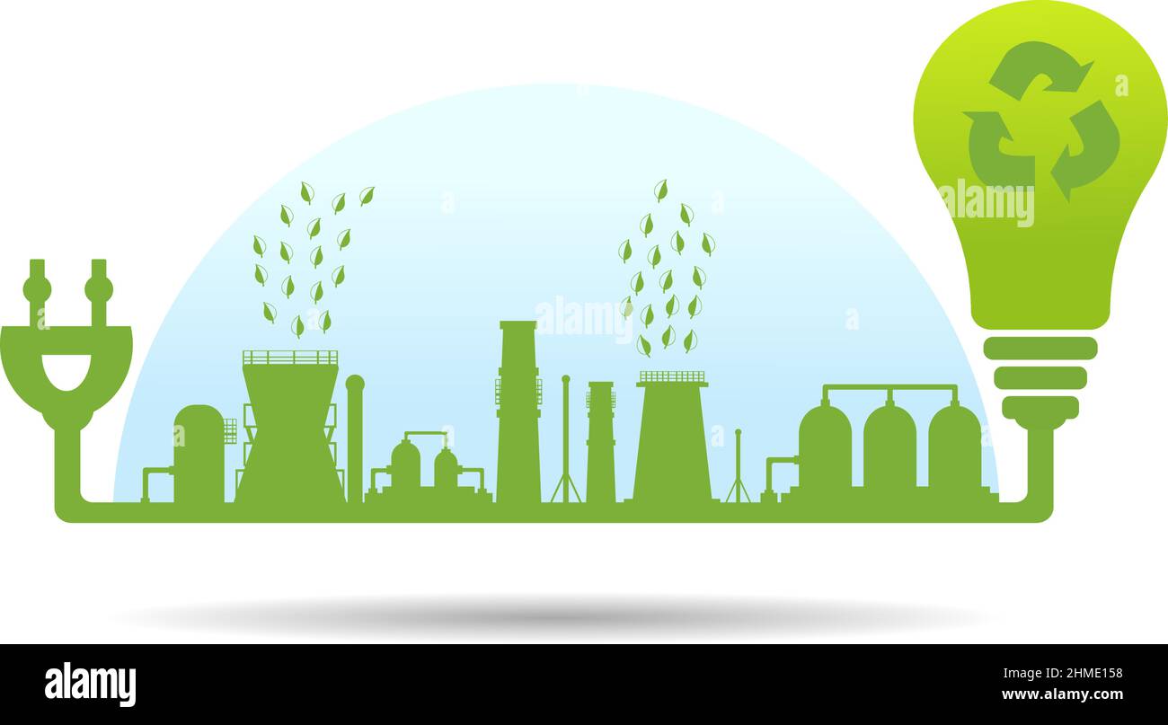 Umweltfreundliche Produktion. Silhouette einer großen Anlage mit gesäuberten Umweltemissionen. Umweltschutz. Die elektrische Glühlampe. Stock Vektor