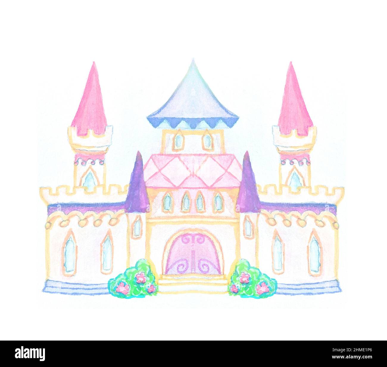 Magisches Märchen Prinzessin Schloss isoliert auf weißem Hintergrund. Grafische Handzeichnung. Stockfoto