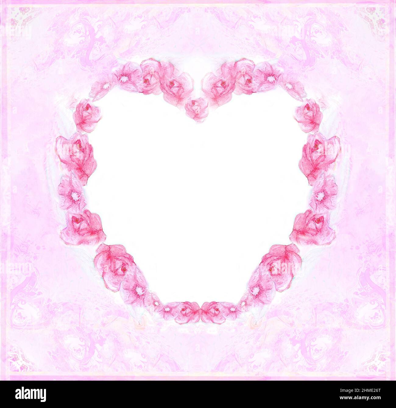 Künstlerische Karte für den valentinstag mit einem Blumenrahmen in Herzform Stockfoto