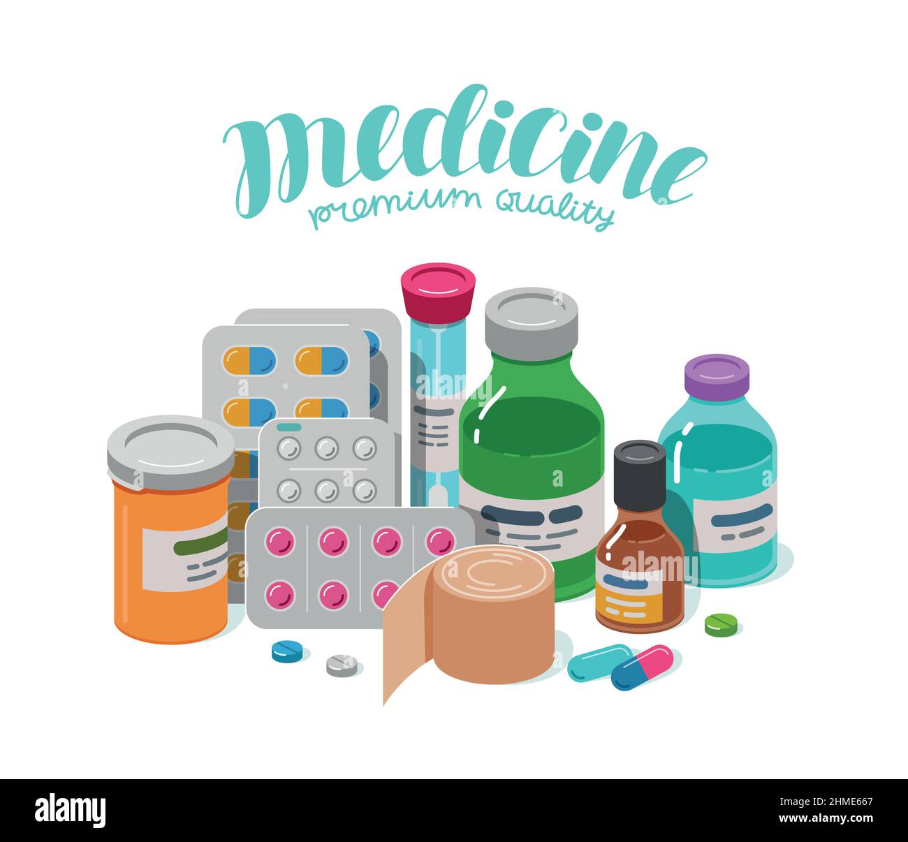 Drogen, Pillen und Flaschen. Medizinisches Konzept. Vektorgrafik Apotheke Stock Vektor
