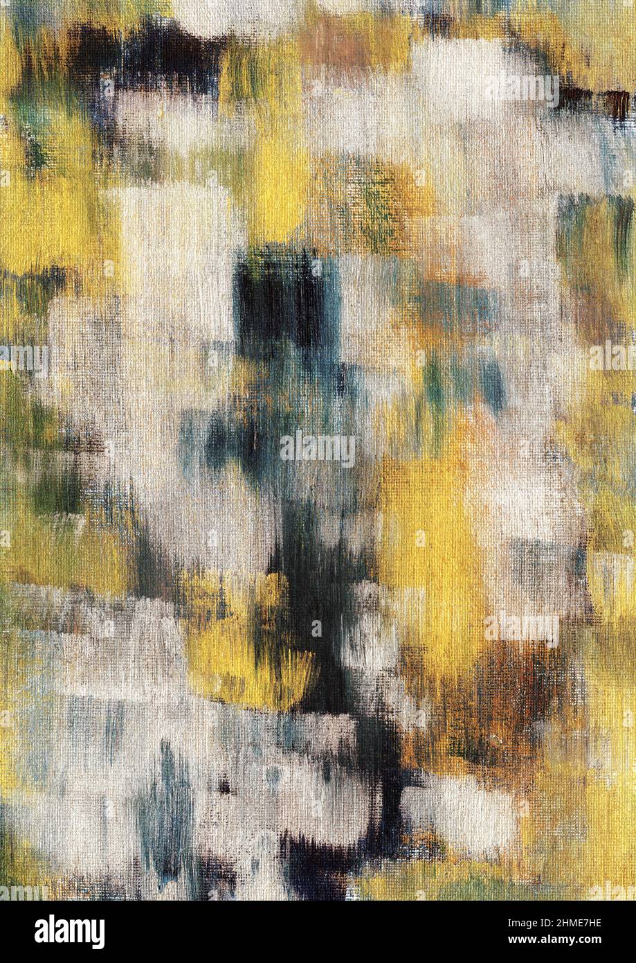 Handgemachte, organische Herbstsaison, erdige gelbe, trockene Blätter, schwarze Farben Acryl Malerei Textur abstrakten Hintergrund. Hochaufgelöste gescannte Datei. Stockfoto