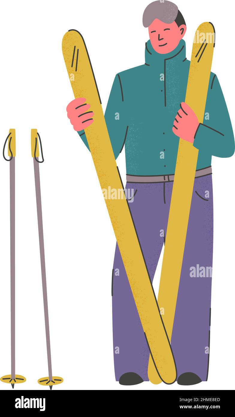 Mann in Skikleidung hält Ski. Skifahrer im Stehen mit Sportausrüstung. Winteraktivitäten im Freien und aktive Erholung. Vektor Stock Vektor