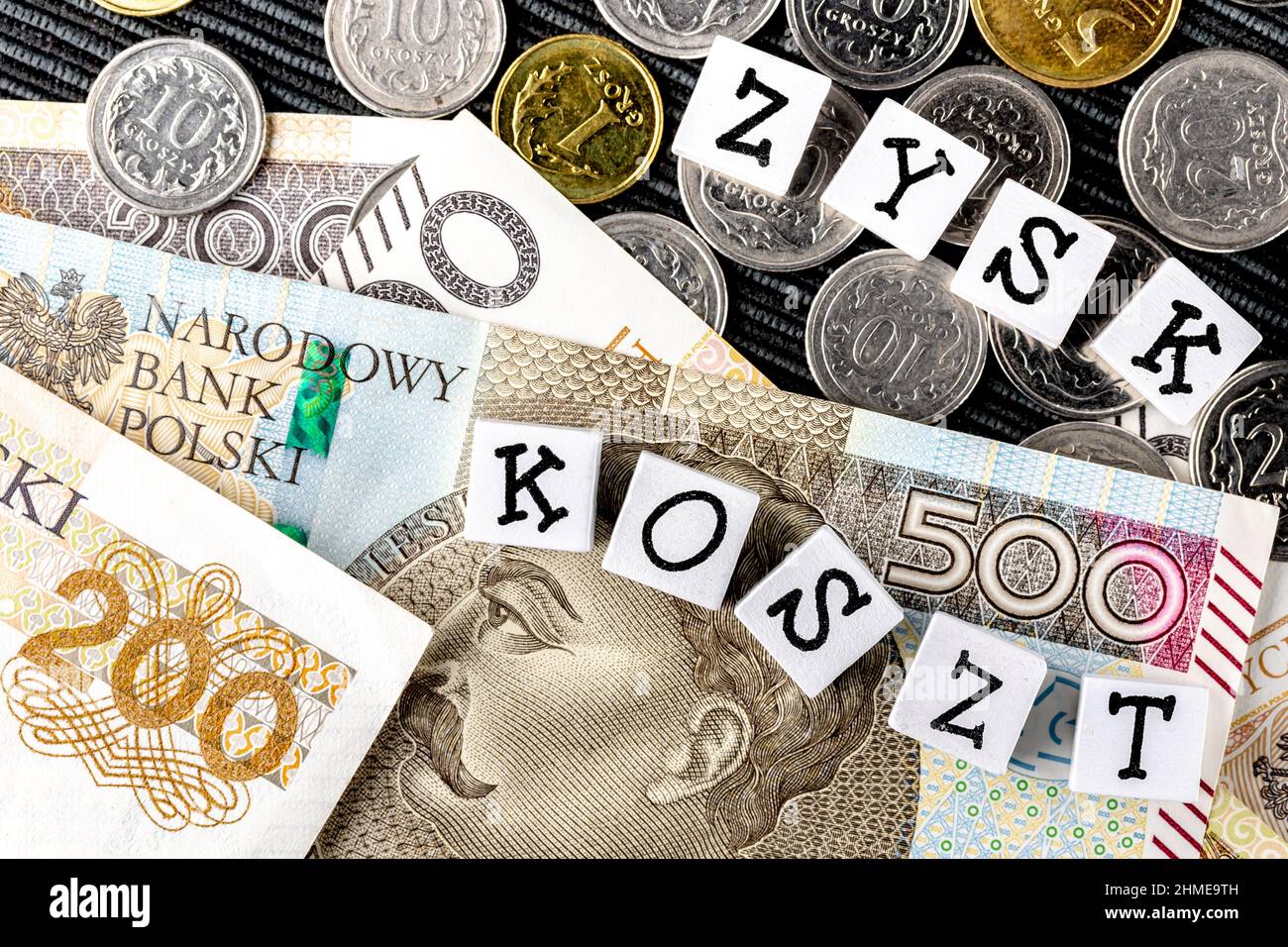 Die Formulierung "zysk koszt" wurde mit "Gewinnkosten" übersetzt und viele polnische Münzen und Banknoten auf schwarzem Hintergrund. Neue Steuervorschriften in Polen. Gewinn Stockfoto