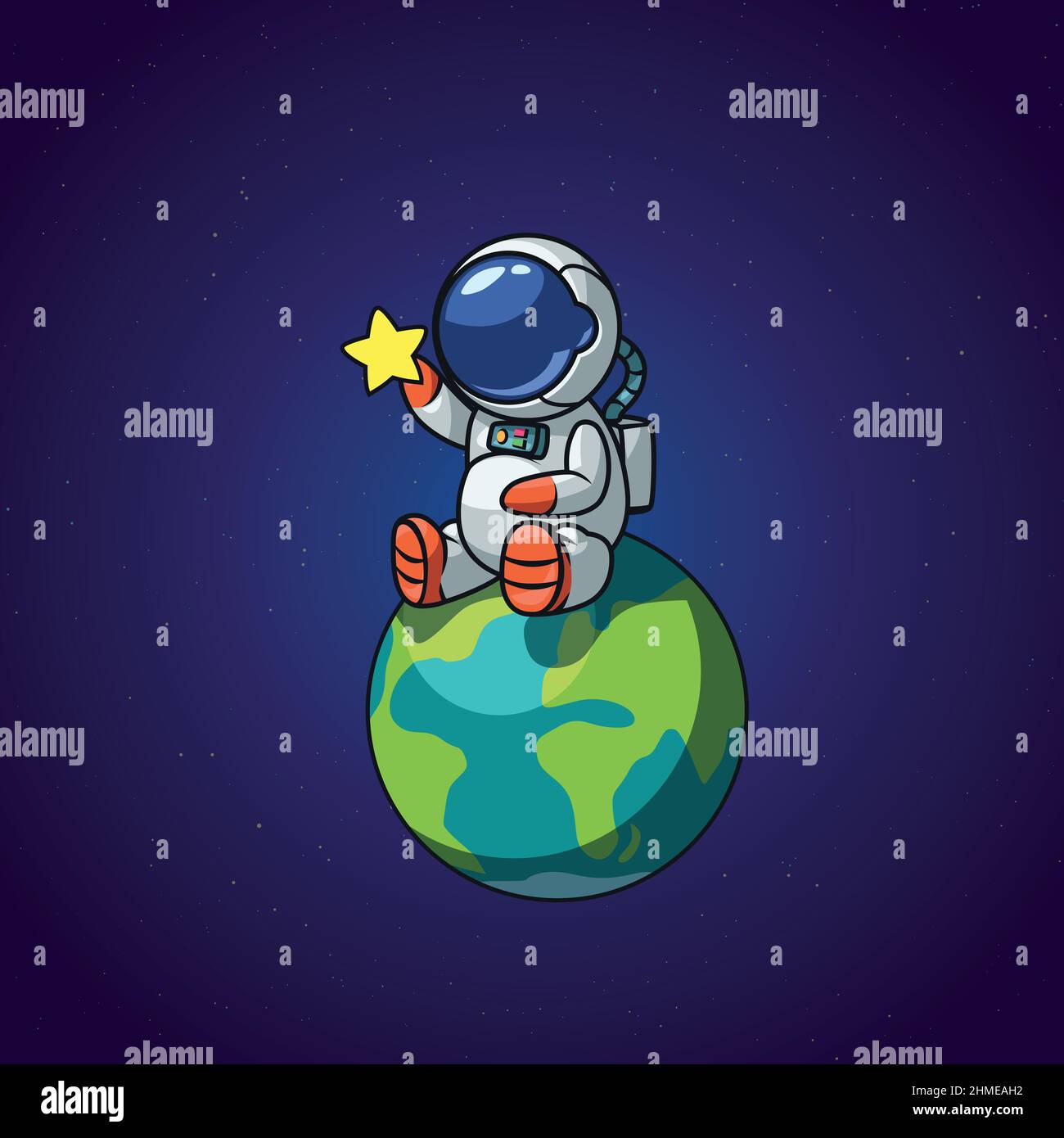 Nette Cartoon-Stil sitzende Astronaut erreicht Sterne Stock Vektor