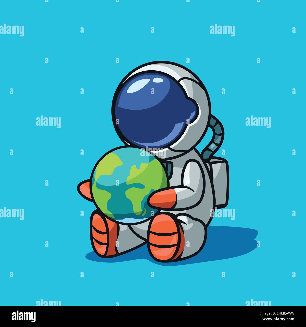 Sitzender Astronaut im Cartoon-Stil, der den Planeten Erde hält Stock Vektor