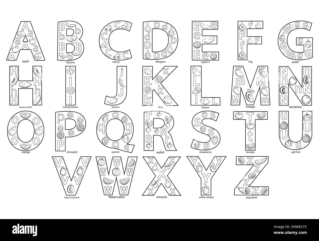 Niedliches illustriertes Alphabet mit Obst und Gemüse. Stock Vektor