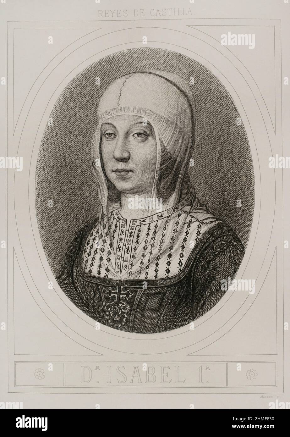 Isabella I. (1451-1504). Königin von Kastilien (1474-1504). Königin Gemahlin von Aragon für ihre Ehe mit Ferdinand II. Von Aragon. Hochformat. Gravur von Masson. Lithographie von Magín Pujadas. Historia General de España, von Modesto Lafuente. Band II. Veröffentlicht in Barcelona, 1879. Stockfoto