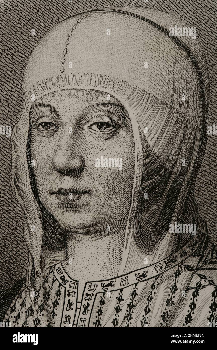Isabella I. (1451-1504). Königin von Kastilien (1474-1504). Königin Gemahlin von Aragon für ihre Ehe mit Ferdinand II. Von Aragon. Hochformat. Gravur von Masson. Lithographie von Magín Pujadas. Details. Historia General de España, von Modesto Lafuente. Band II. Veröffentlicht in Barcelona, 1879. Stockfoto